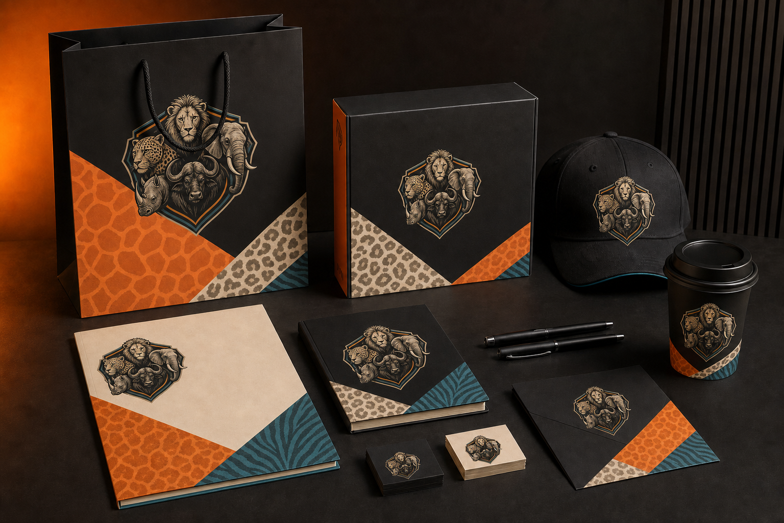 Coordinated Big Five visual identity on stationery, packaging and merchandise