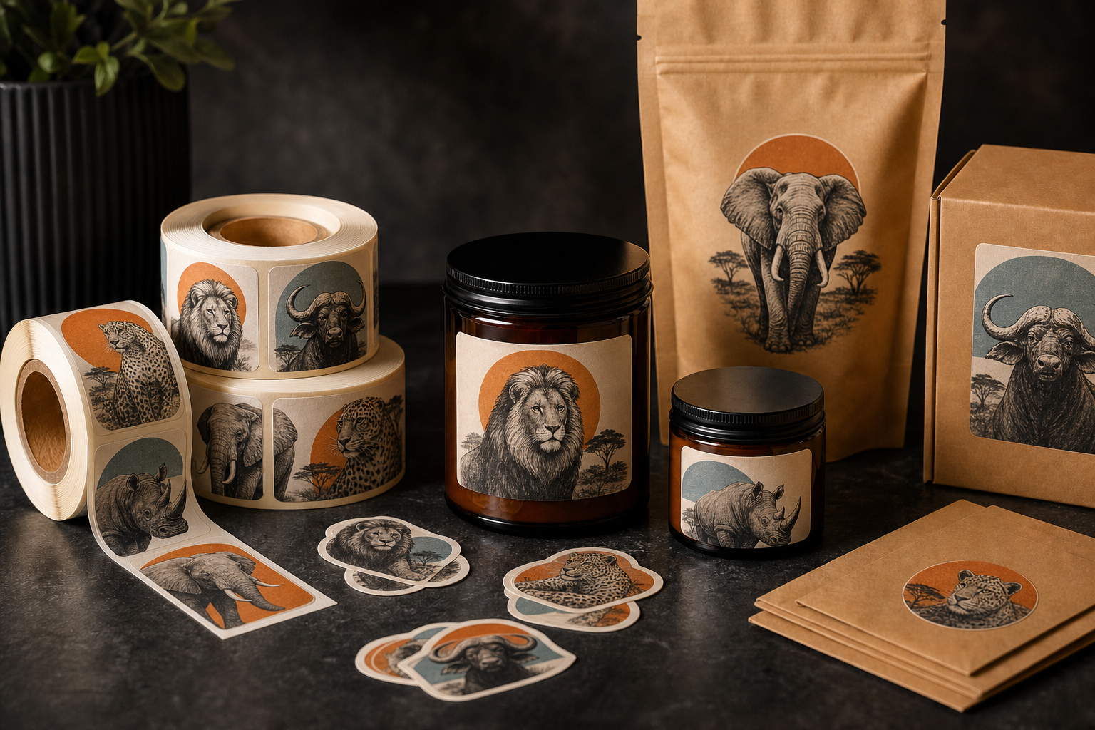 Custom labels and packaging featuring Big Five animal illustrations