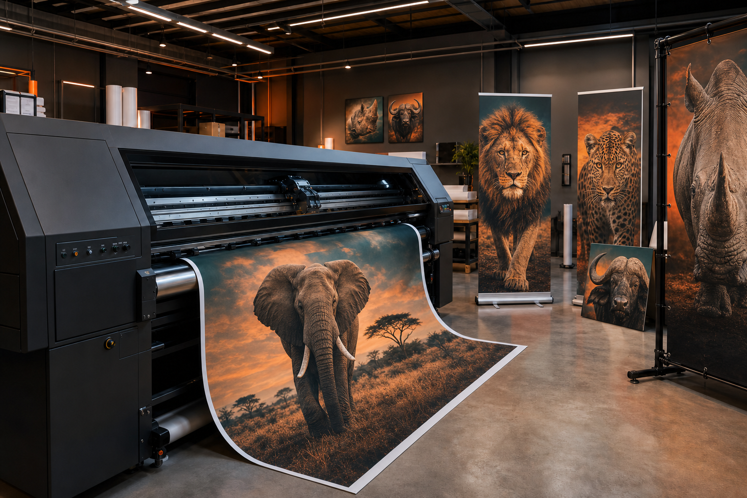 Large-format Big Five wildlife banners being printed
