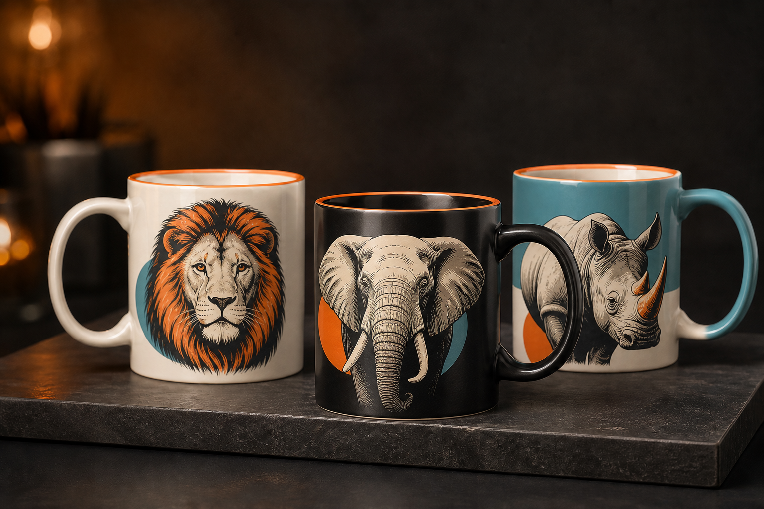 Custom ceramic mugs featuring lion, elephant and rhino artwork