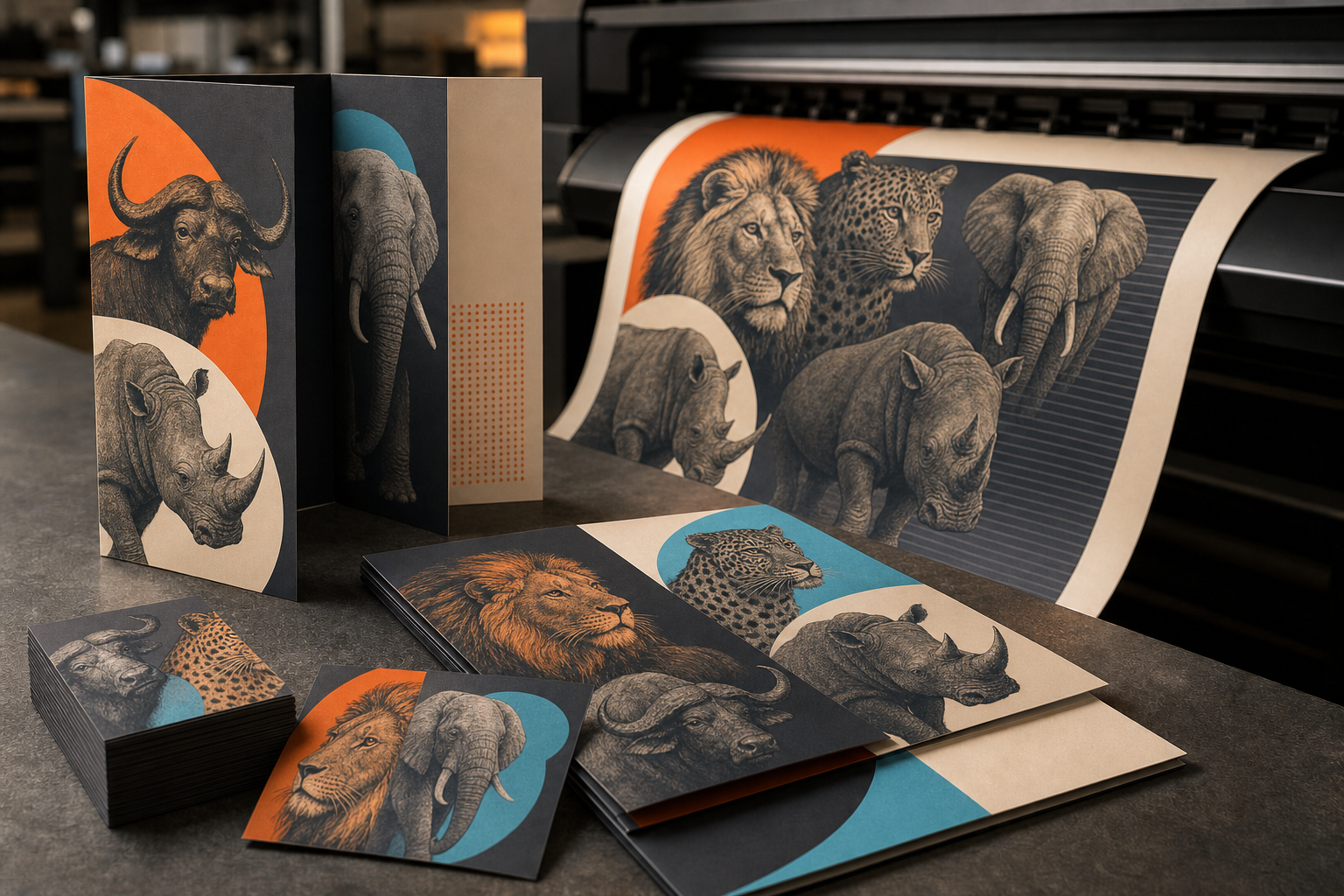 Printed brochures, cards and posters featuring Big Five wildlife artwork