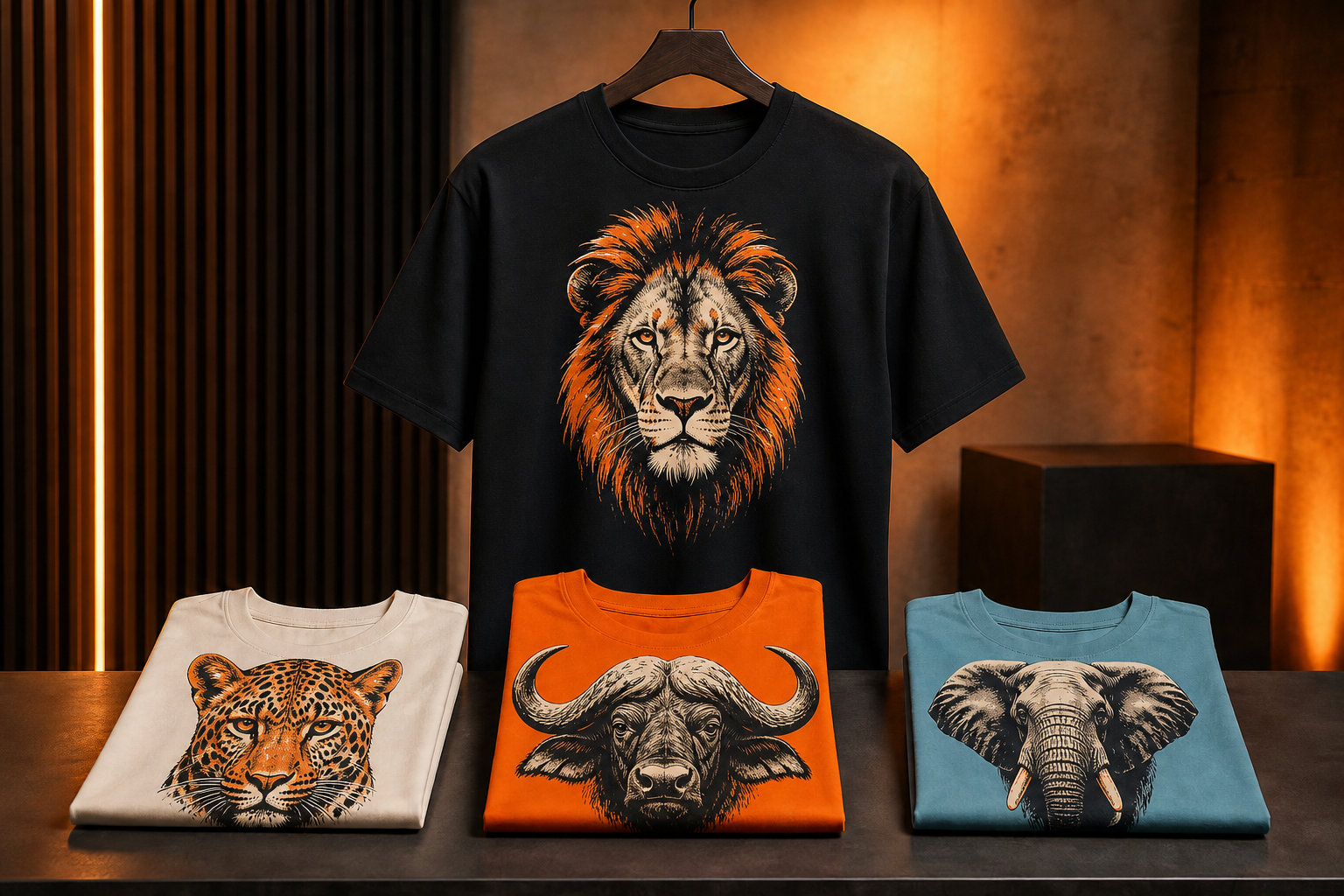 Custom T-shirts featuring Kenyan Big Five animal artwork